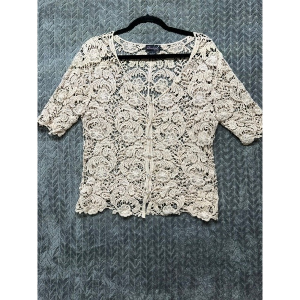 Questions by Say What? Crochet Lace Cardigan Beige Cotton V-Neck Large 0508